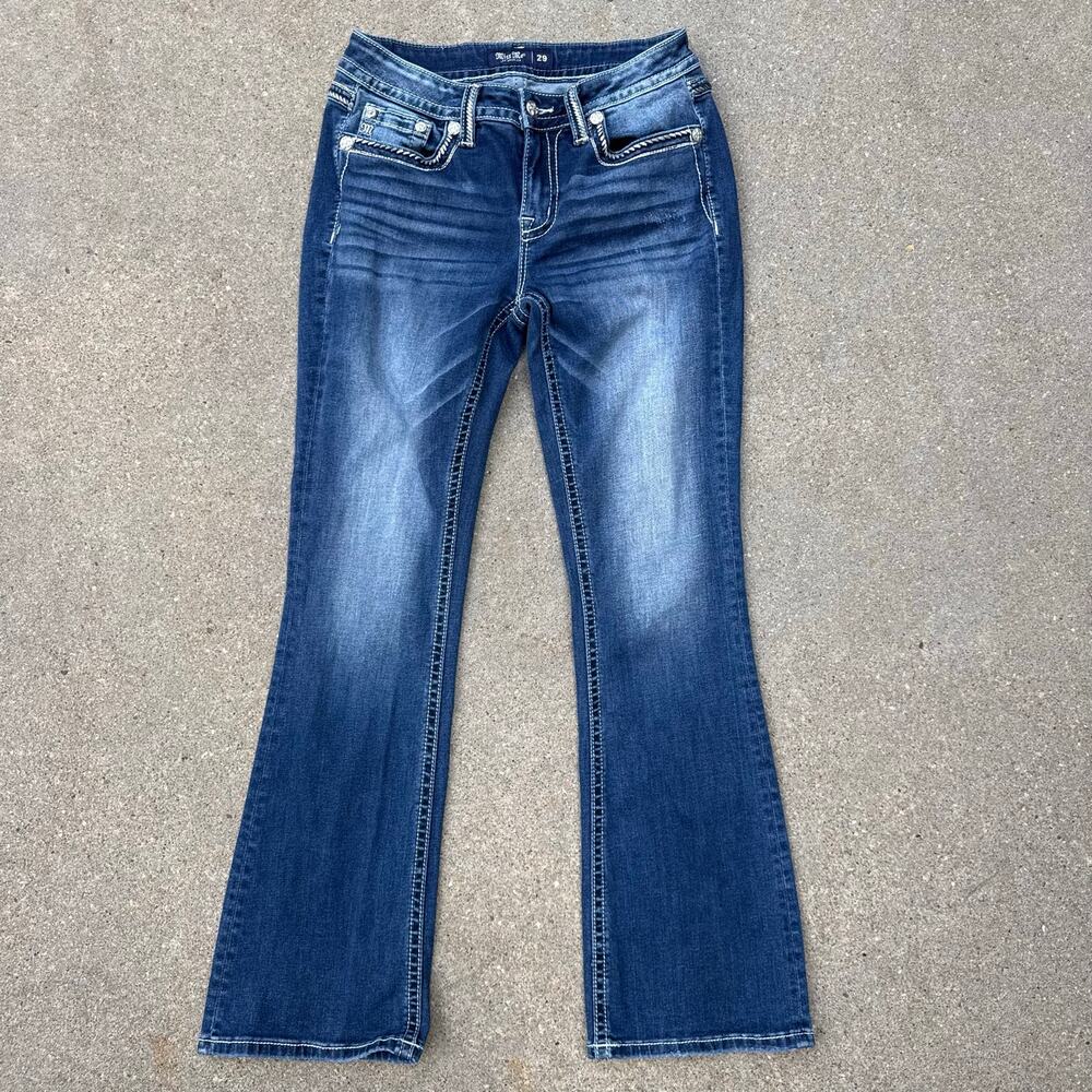 Miss Me Bling Embroidered Faux Flap Pocket Mid Rise Boot Cut Jeans 29x32 - Picture 2 of 10